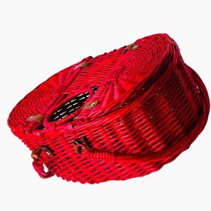 Red Wicker Picnic Basket with Wine Holder, Double Lids, Storage Basket